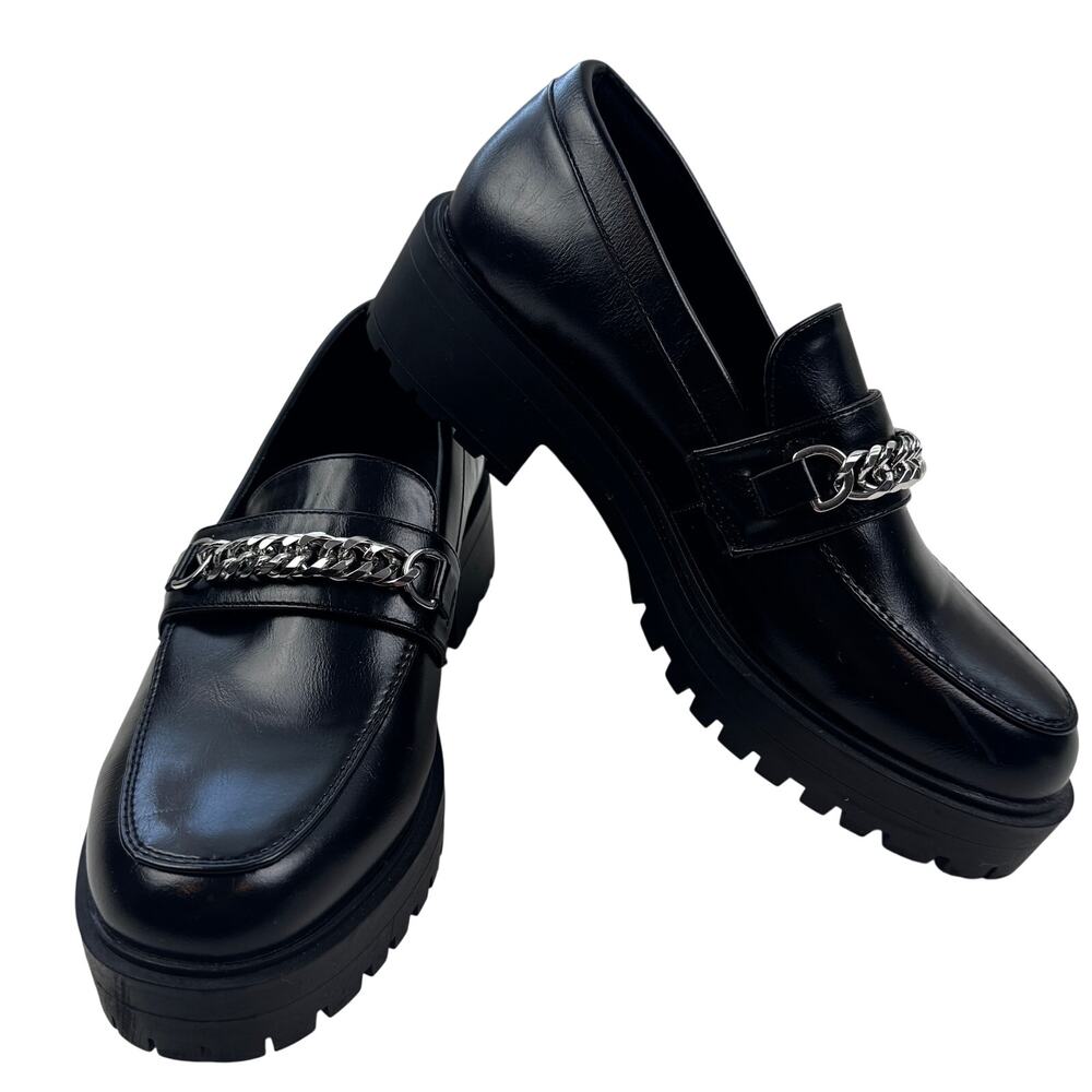 Yetier Black Lug Sole Silver Chain Preppy Academia Chunky Loafers Women's Size 8